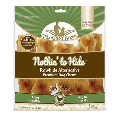 Emery Jensen Chews Dog Chicken Biscuits 8-pack, tasty treats for dogs, in a clear package with biscuits visible inside.