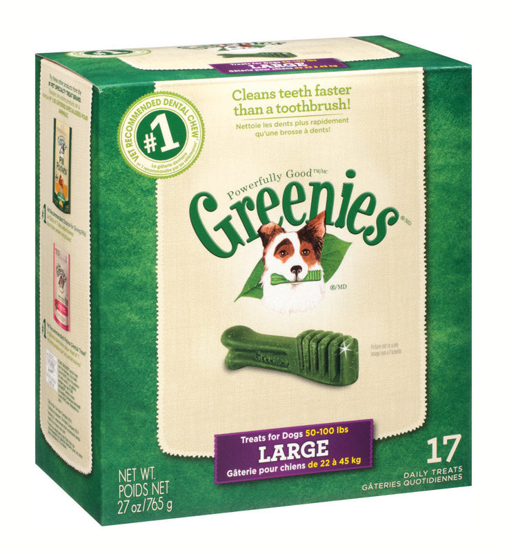 Large Greenie dog treat tub by Emery Jensen with biscuits for dogs, shown with the open lid and treats inside.