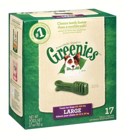 Large Greenie dog treat tub by Emery Jensen with biscuits for dogs, shown with the open lid and treats inside.