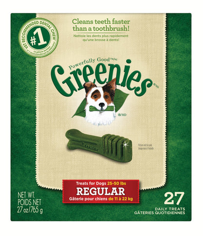 Emery Jensen Greenie Dog Treat Tub with biscuits, showing colorful dog treats inside and the product packaging.