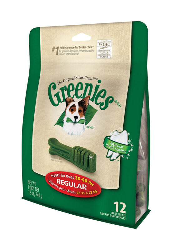 Emery Jensen Greenie Dog Treats 12-pack biscuits for dogs, featuring natural ingredients and chewy texture.