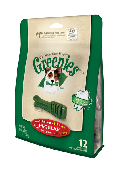 Emery Jensen Greenie Dog Treats 12-pack biscuits for dogs, featuring natural ingredients and chewy texture.