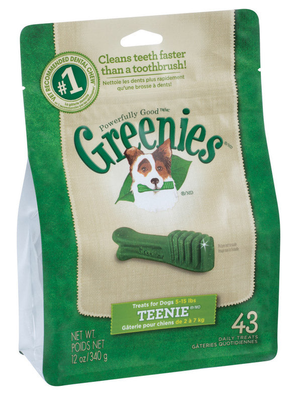 Emery Jensen Greenie Org Teenie 12oz dog biscuits and treats in a resealable bag, designed for small dogs.