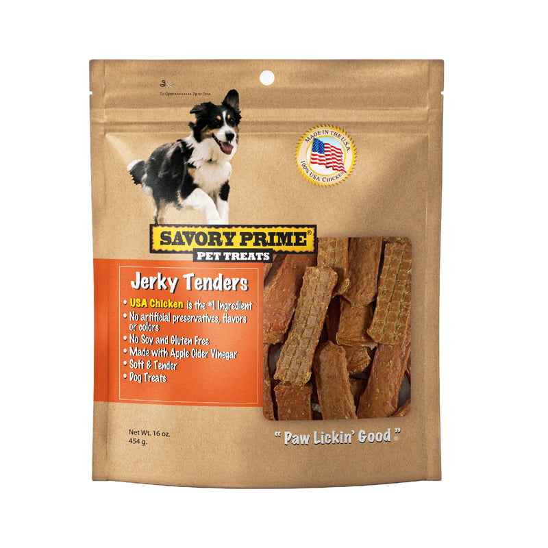 Emery Jensen Jerky Tendr Dog Treats in 16oz bag, chewy chicken-flavored biscuits for dogs, natural and tasty pet treats.