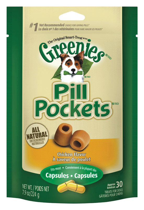 Emery Jensen Pill Pockt Dog Treats in chicken flavor, crunchy biscuits for dogs, in a resealable package.