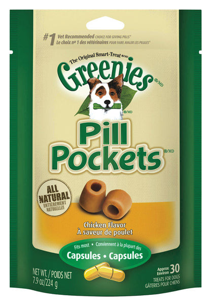 Emery Jensen Pill Pockt Dog Treats in chicken flavor, crunchy biscuits for dogs, in a resealable package.
