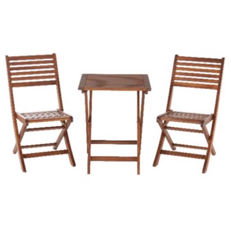 Emery Jensen Alina 3-piece wooden bistro set with two chairs and a round table, ideal for small outdoor dining spaces.