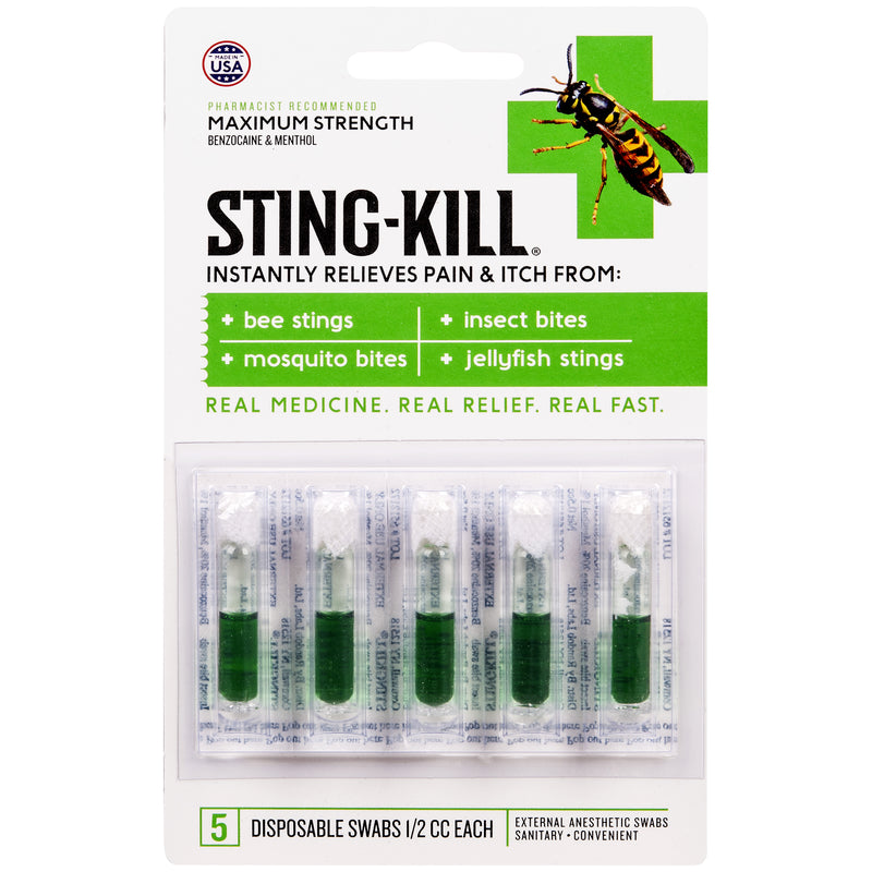 Emery Jensen Sting Kill Swabs 5-pack for bite and itch relief, featuring handy applicator for targeted relief.