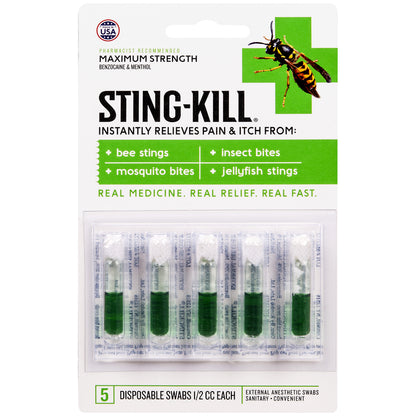 Emery Jensen Sting Kill Swabs 5-pack for bite and itch relief, featuring handy applicator for targeted relief.