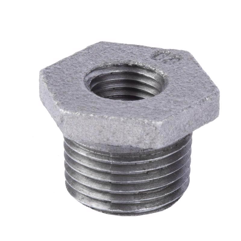 Emery Jensen black iron fitting, hex bushing 3/8 inch by 1/4 inch, used for plumbing or pipe connections.