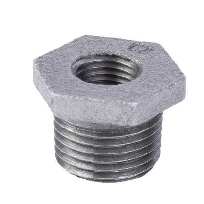 Emery Jensen black iron fitting, hex bushing 3/8 inch by 1/4 inch, used for plumbing or pipe connections.