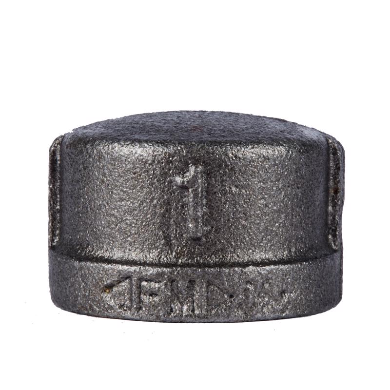 Black iron cap fitting from Emery Jensen, 1-inch black iron fittings imp series, used for plumbing and piping applications.