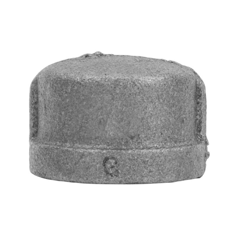 Black iron fitting cap by Emery Jensen, 3/8 inch size, rated for 300 PSI, used in plumbing and industrial piping systems.