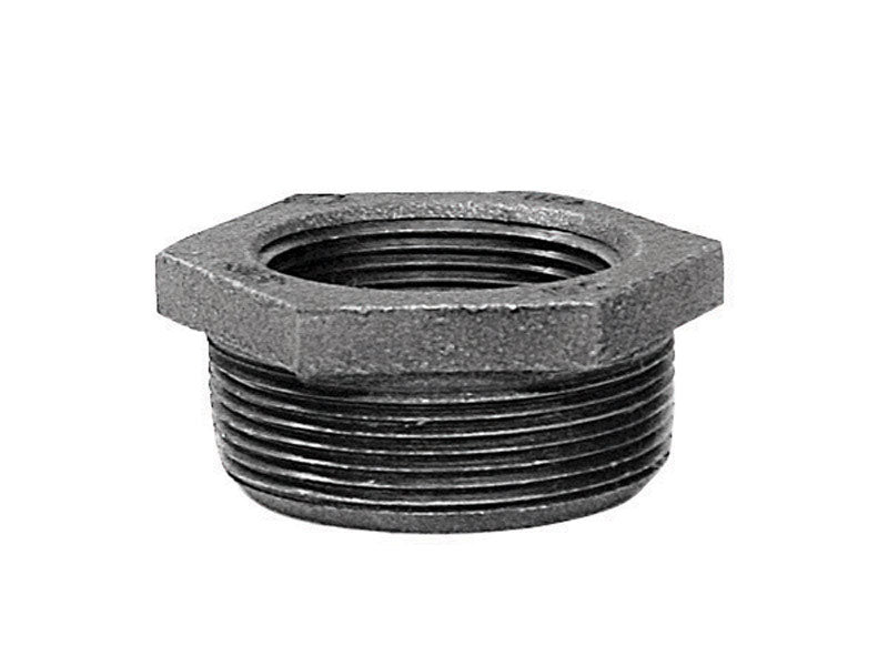 Black iron Bushing Hex 2"x1" from Emery Jensen, durable U.S. fitting for plumbing and piping applications.