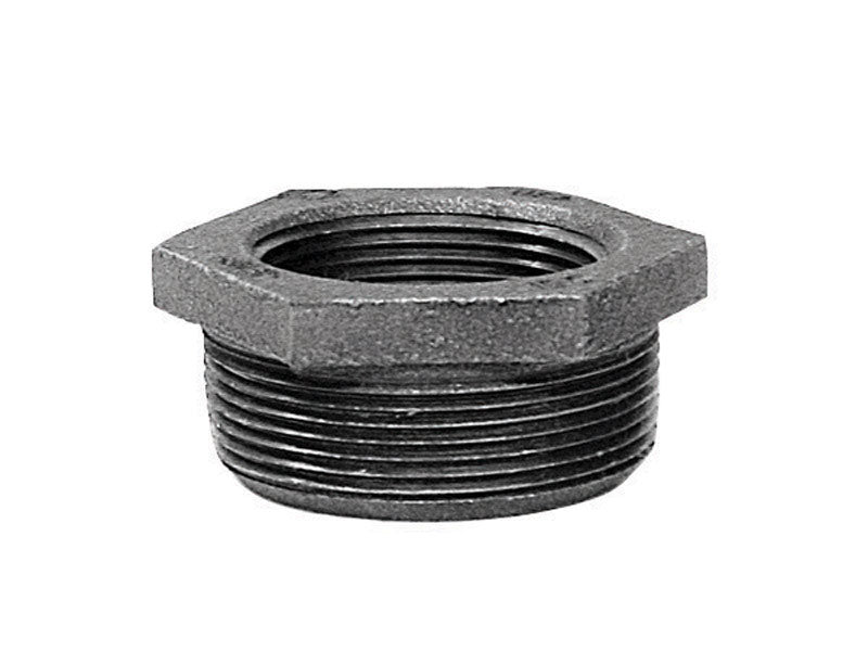 Black iron hex bushing fitting from Emery Jensen, 3/8 inch to 1/8 inch size, used in plumbing and pipe connection applications.