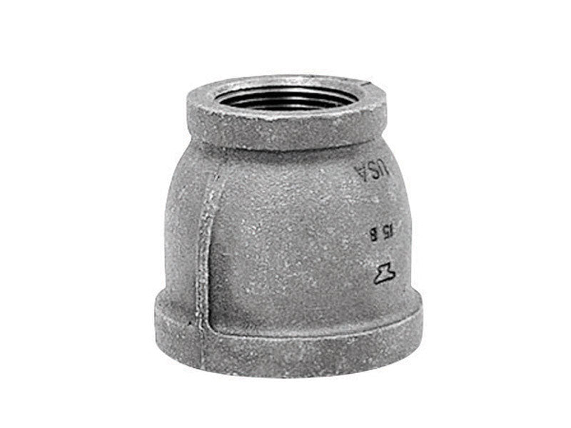 Couple of black iron fittings from Emery Jensen, 1.25x1/2 inch size, used for plumbing or piping projects.