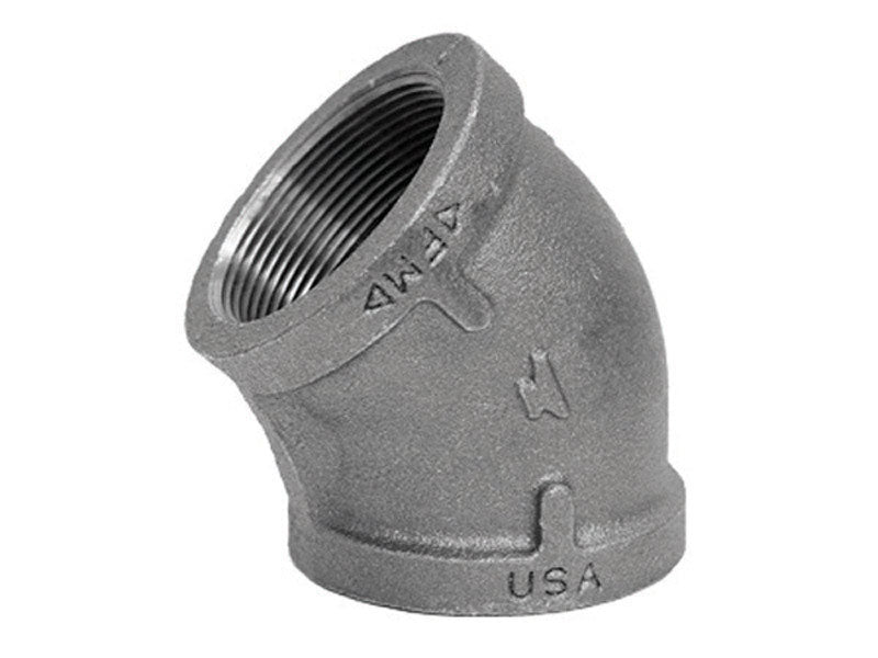 Black iron elbow 45-degree fitting from Emery Jensen, 1/2 inch size, designed for plumbing and piping applications.
