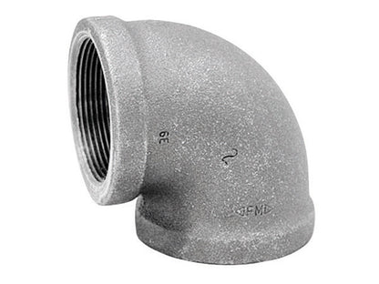 Black iron elbow fitting, 90-degree, 1.25-inch size, Emery Jensen black iron fittings U.S. for plumbing and pipe connections.