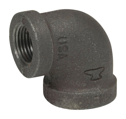Black iron elbow fitting, 90-degree, 1/2 inch by 3/8 inch, from Emery Jensen's U.S. black iron fittings collection.