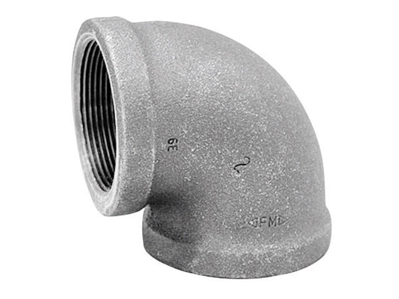 Black iron 90-degree elbow fitting from Emery Jensen, 1-inch size, designed for plumbing and pipe connections.