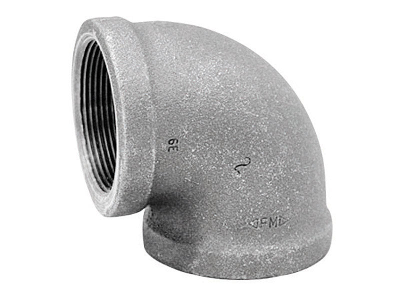 Black iron 90-degree elbow fitting from Emery Jensen, 1.5-inch size, suitable for plumbing and piping applications.