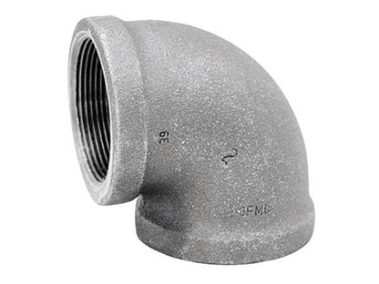 Black iron 90-degree elbow fitting from Emery Jensen, 1.5-inch size, suitable for plumbing and piping applications.