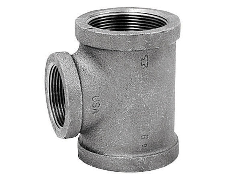 Black iron TEE fitting from Emery Jensen, 1-inch by 1-inch by 1/2-inch, used in plumbing and piping applications.