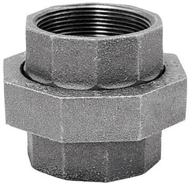 Union black iron fitting, 3/8 inch, Emery Jensen brand, durable black iron plumbing connector with threaded joints.