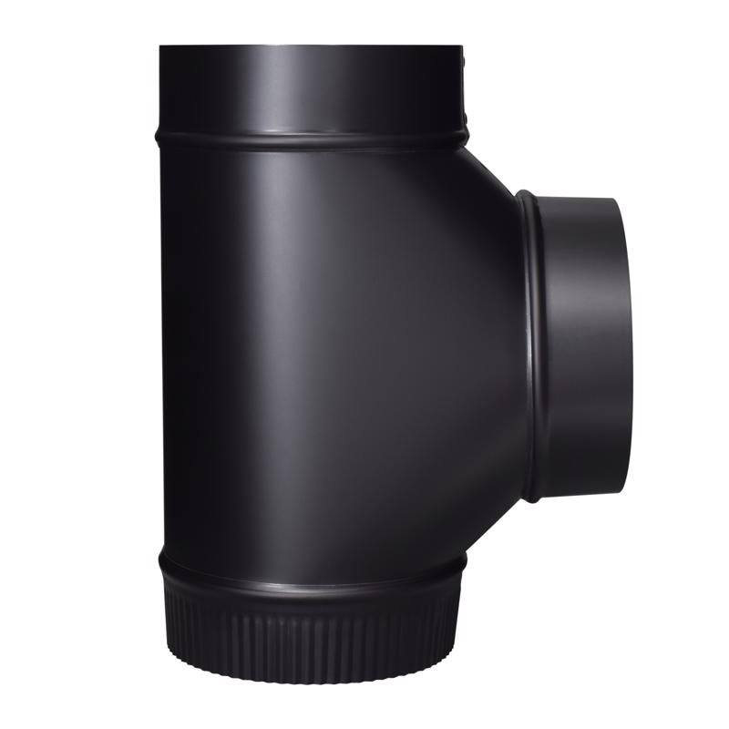 Black pipe and fittings, 6-inch STOV vent single tee by Emery Jensen, shown in a close-up image with pipe connections.