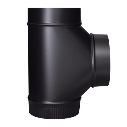 Black pipe and fittings, 6-inch STOV vent single tee by Emery Jensen, shown in a close-up image with pipe connections.