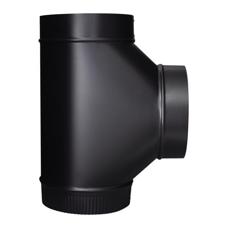 Black pipe and fittings vent tee from Emery Jensen, 7x7x7 inch, made of durable black material, used in plumbing systems.