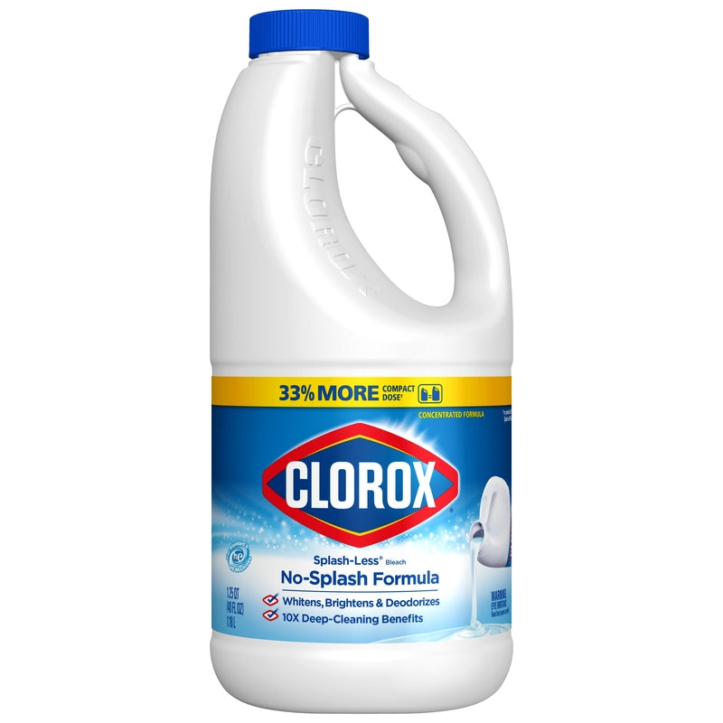 Six bottles of Emery Jensen Clorox Splashless bleach in 40oz bottles, arranged together for cleaning and disinfecting.