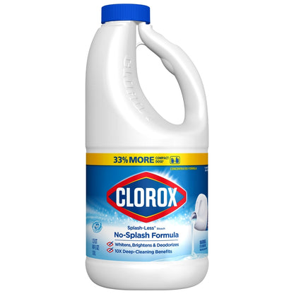 Six bottles of Emery Jensen Clorox Splashless bleach in 40oz bottles, arranged together for cleaning and disinfecting.