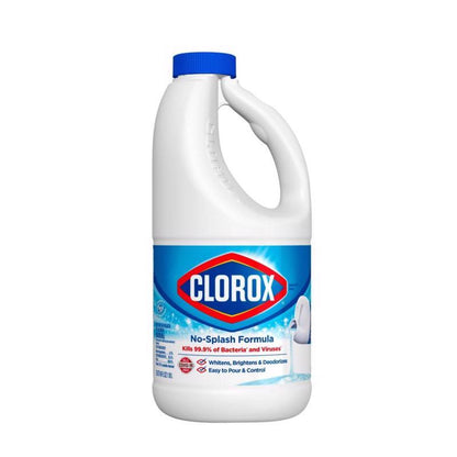 Six bottles of Emery Jensen Clorox Splashless Bleach, 77 oz each, in a pack of six, showing the white bleach bottles with blue caps.