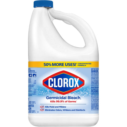Three bottles of Emery Jensen bleach, CloroxGermCDL 121oz, in a pack of three, showing the bleach bottles with labels visible.