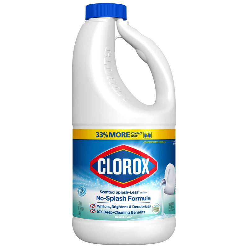 Six bottles of Emery Jensen CLRX bleach in 40oz linen scent, lined up in a pack for household cleaning.