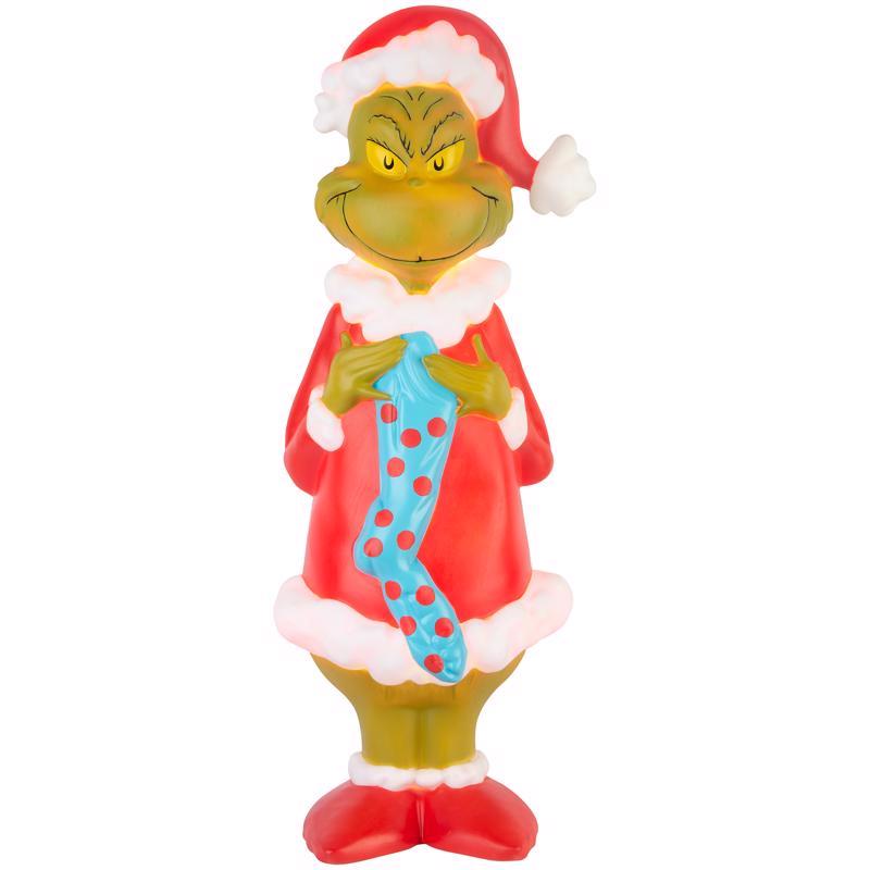 Emery Jensen 24-inch green blow mold of Grinch character with a stick, detailed festive holiday decoration.
