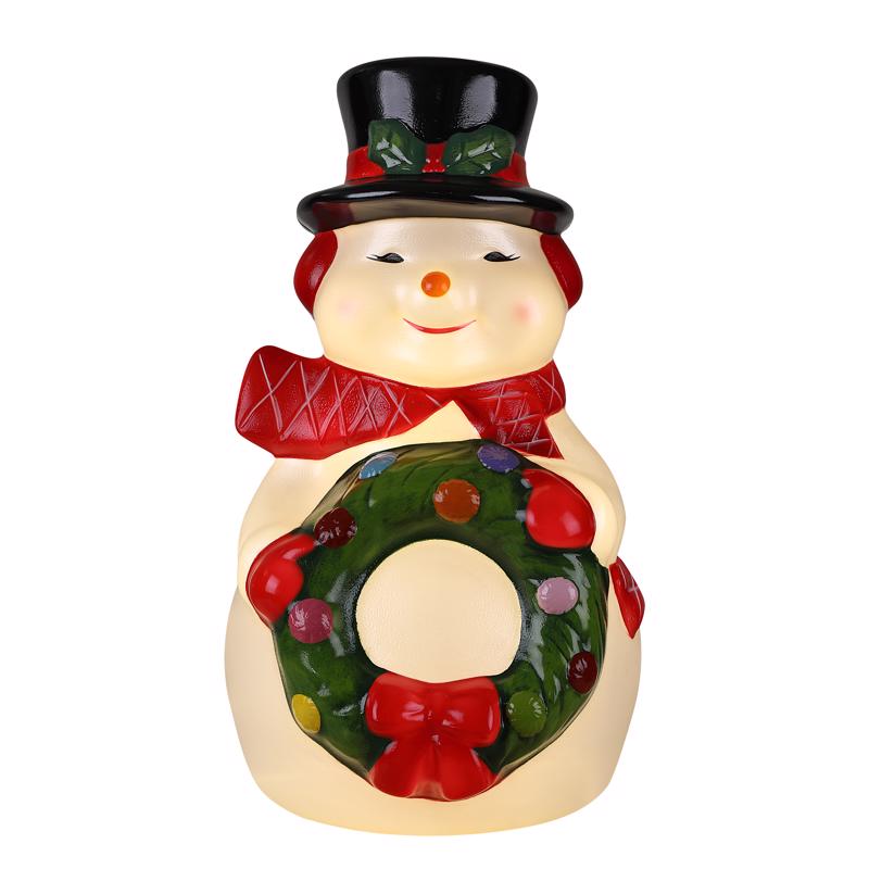 Emery Jensen 24-inch blow mold of a snowman figure, detailed with winter features, designed for outdoor holiday decorations.