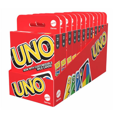 Pack of 12 Emery Jensen UNO card games for ages 7 and up, featuring 108 playing cards in each set.