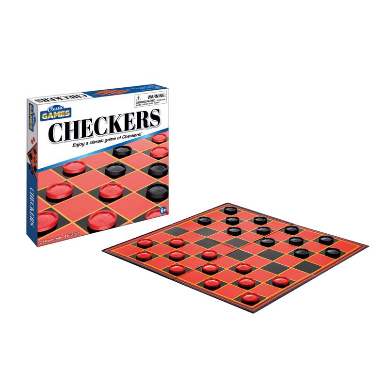 Emery Jensen Checker Classic Games 6+ board and card game set with colorful pieces and game components on a wooden surface.