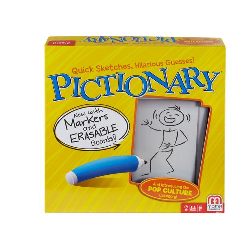 Emery Jensen Erasable Marker Pictionary board game with colorful game pieces and drawing sheets for fun family gameplay