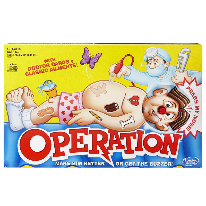 Emery Jensen Operation game for ages 6 and up, featuring a game board with tools and a patient figure for fun, hands-on play.
