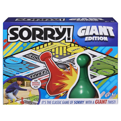 Giant Sorry! board game by Emery Jensen featuring colorful game pieces and a large game board for family fun.