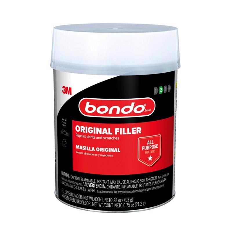 Emery Jensen Bondo auto body filler quart container, smooth versatile filler for car dent repairs and surface finishing.