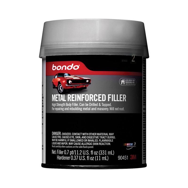 Emery Jensen Bondo Metal Filler 0.7pt, a body filler for metal repairs, shown in a container with a smooth, gray filling surface.
