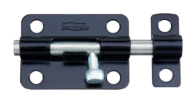 Black 3-inch Emery Jensen barrel bolt in metal, shown installed on a door for secure closure.
