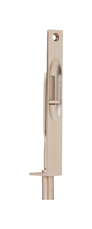 Brass flush bolt 6-inch long by Emery Jensen, showing the polished brass finish and sleek design for door security.