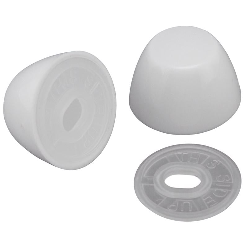 Emery Jensen white toilet bolt caps, 2-pack, with bolts and gaskets for secure toilet installation and leak prevention.