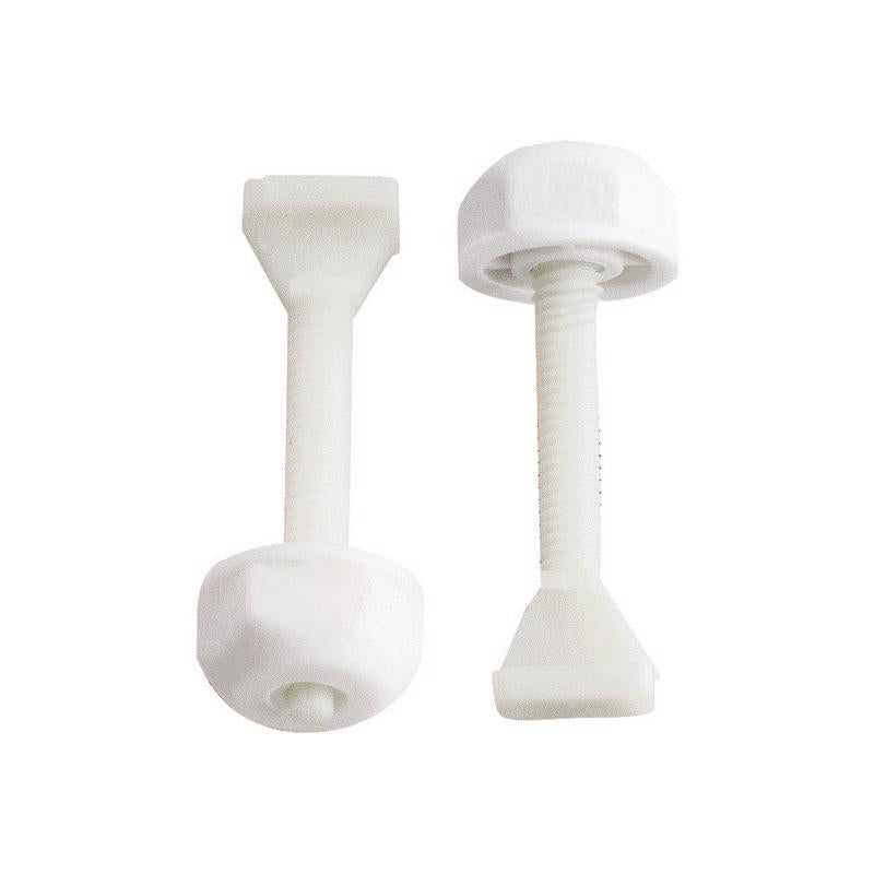 White toilet bolt set by Emery Jensen, including bolts and gaskets for secure toilet installation.