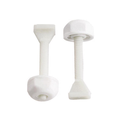 White toilet bolt set by Emery Jensen, including bolts and gaskets for secure toilet installation.